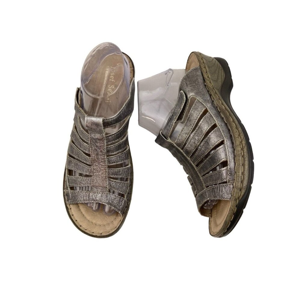*Josef Seibel Sandals Womens 41 Metallic Silver Caged Strappy Slip On Slide Mule